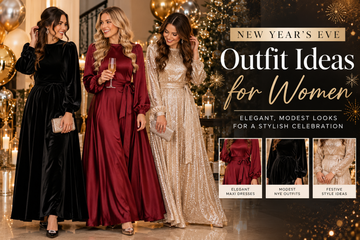 Elegant women wearing modest New Year's Eve party dresses in black, burgundy, and champagne gold at a glamorous celebration.