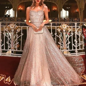 Blush Sequin Spaghetti-Strap Evening Dress