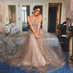 Blush Sequin Spaghetti-Strap Evening Dress