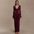 Deep V-Neck Long-Sleeve Evening Dress