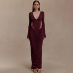Deep V-Neck Long-Sleeve Evening Dress