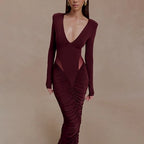 Deep V-Neck Long-Sleeve Evening Dress