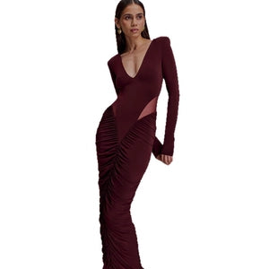 Deep V-Neck Long-Sleeve Evening Dress