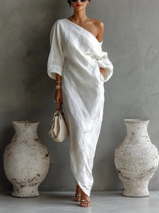 Off-Shoulder Lantern-Sleeve Long Dress