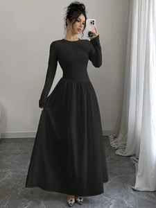 French-Inspired Black Round-Neck Maxi Dress