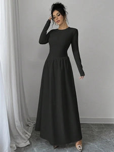 French-Inspired Black Round-Neck Maxi Dress