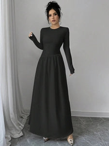 French-Inspired Black Round-Neck Maxi Dress