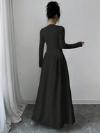 French-Inspired Black Round-Neck Maxi Dress