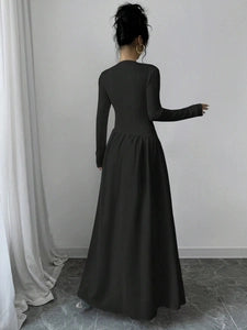 French-Inspired Black Round-Neck Maxi Dress