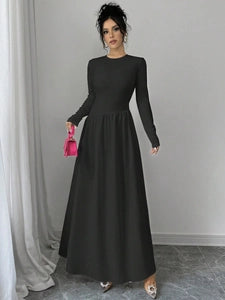 French-Inspired Black Round-Neck Maxi Dress
