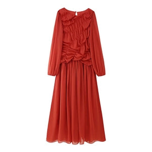 Ruched Long-Sleeve Floor-Length Dress