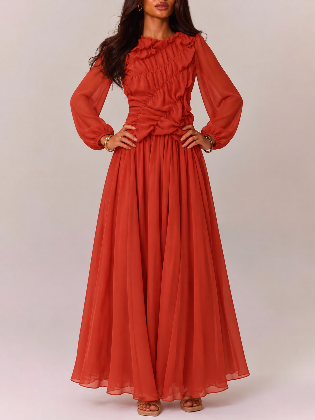 Ruched Long-Sleeve Floor-Length Dress