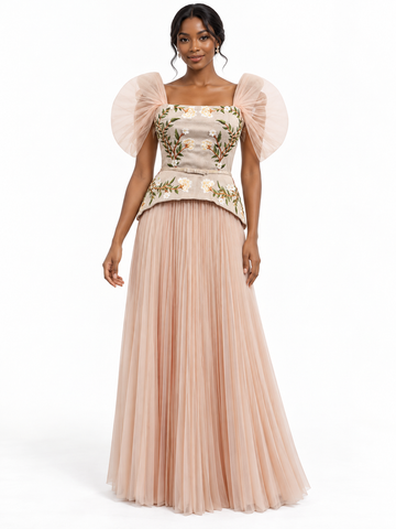 Embroidered Tulle Pleated Midi Dress